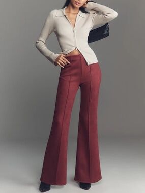 Anthropologie En Elly Faux-Suede Pull-On Flare Pants in OXBLOOD BURGUNDY